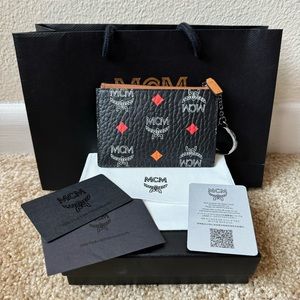 MCM Diamond Monogram Leather Cardholder Keychain Kay Case Black Brown NWB